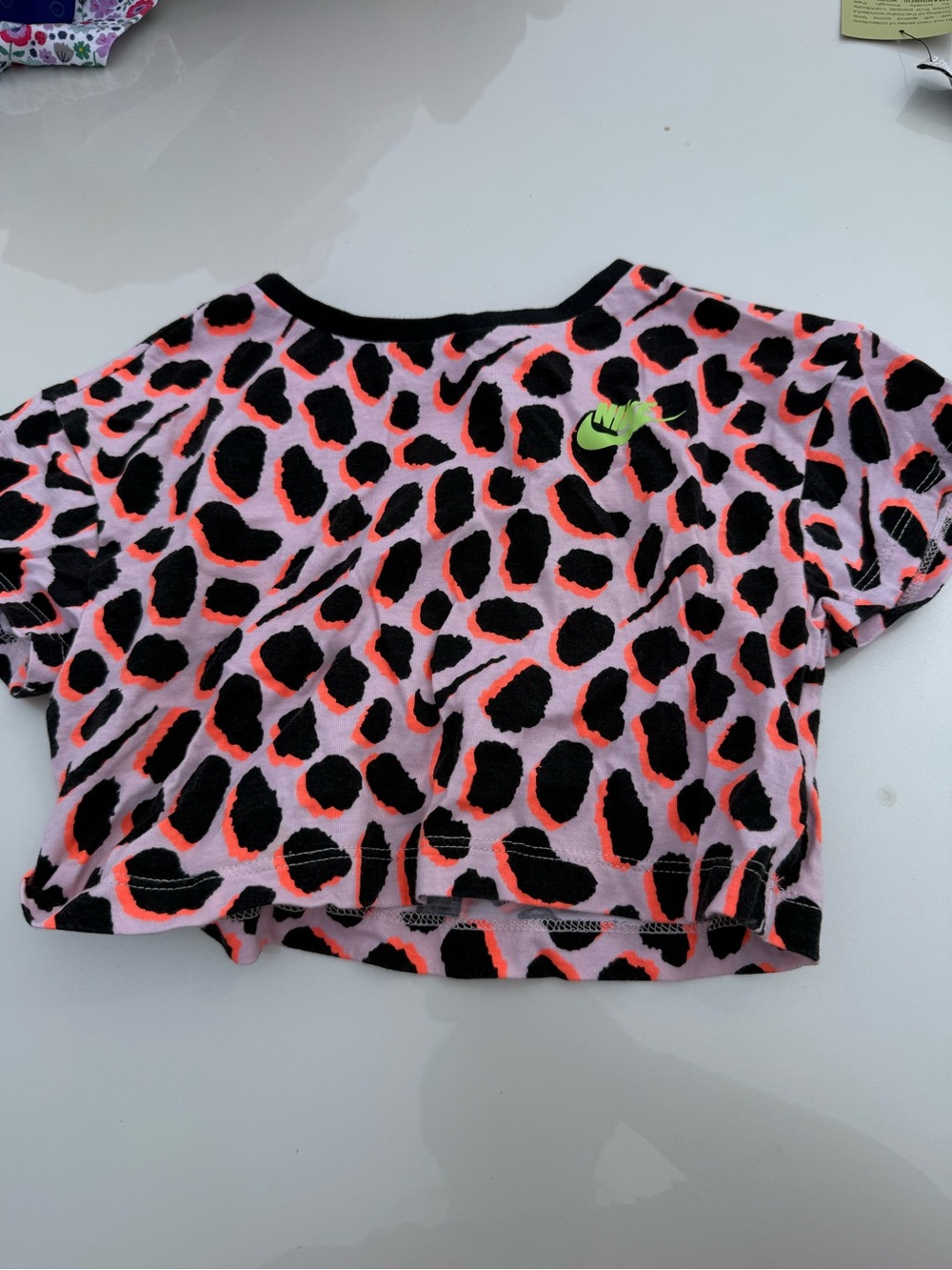 Nike Kids Pink Leopard Crop Tee with Neon Orange Spots and Lime Logo